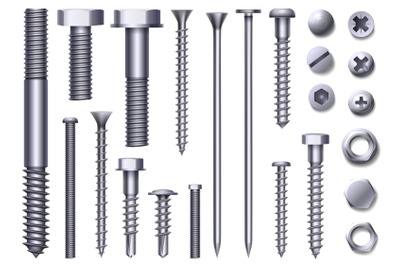 Realistic metal bolts, steel nuts, rivets and screws. Stainless constr