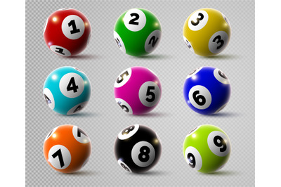 Realistic lottery bingo or keno game balls with numbers. 3d lotto or b