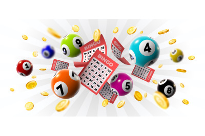 Bingo winner background with lottery tickets, balls and gold coins. Re