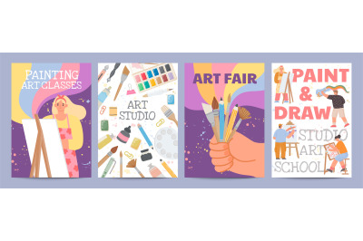 Art school or classes posters with characters and painting supply. Cre