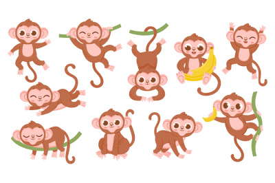 Cute cartoon jungle baby monkey character poses. Exotic tropical anima