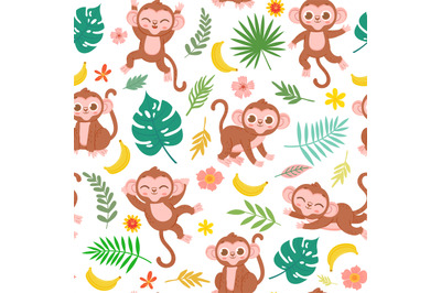 Seamless pattern with baby monkey, banana and tropical leaves. Cartoon