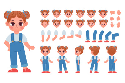 Cartoon little girl character constructor with gestures and emotions.