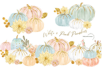 Blue and Mint Pumpkin Clipart&2C; Watercolor Peach  Pumpkin&2C; Fall Pumpkin