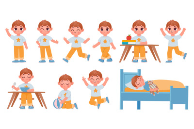 Cartoon kid boy character poses, gestures and expressions for animatio