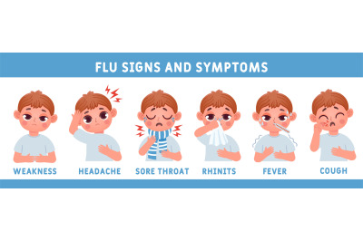 Flu disease symptoms with ill kid boy character. Cartoon child with fe