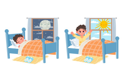 Cartoon kid boy sleep at night, wake up at morning. Child in bed and w