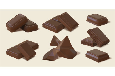 Realistic dark and milk chocolate bar pieces and chunks. 3d bitter coc