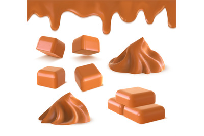 Realistic liquid caramel, cube toffee candies and peanut butter. 3D sw