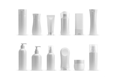 Realistic cosmetic bottles, cream jar and tube mockups. Shampoo, lotio