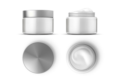 Cosmetic cream in white jar top and front views mockup. Realistic skin