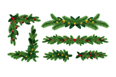 Realistic christmas tree garlands borders and frame corners. Win