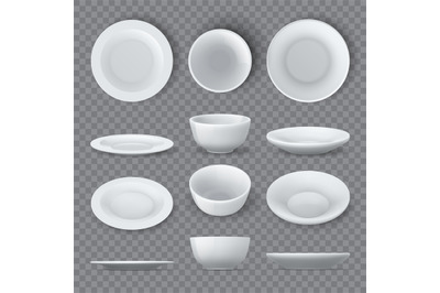 Dinner plates mockups. Realistic white ceramic dishes and empty bowl t