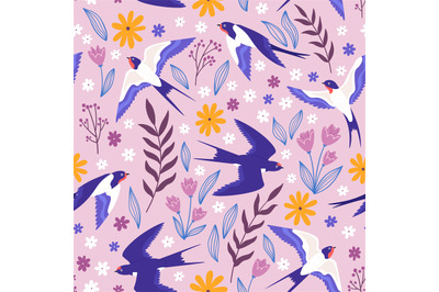 Vintage seamless pattern with flying swallows, flowers and plants. Rur