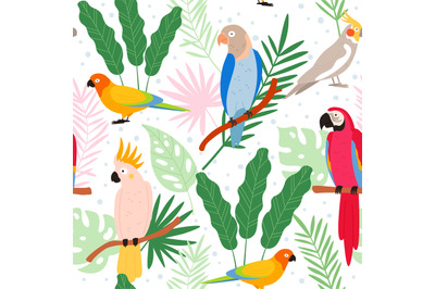 Colorful cartoon exotic parrots and tropical leaves seamless pattern.