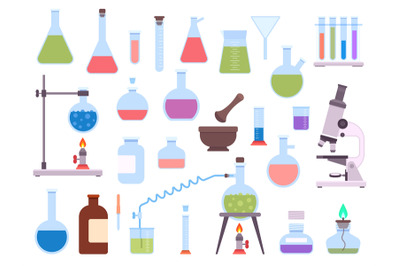 Flat chemistry laboratory glassware equipment for science experiment.