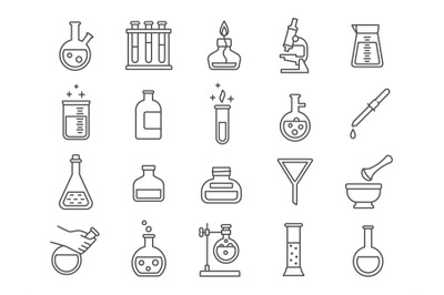 Chemistry or science research laboratory equipment line icons. Pharmac