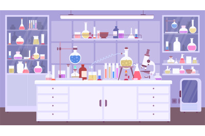 Flat chemical lab room interior with scientist equipment. Chemistry cl