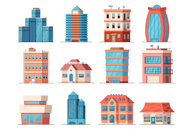 Cartoon office city buildings, skyscraper and downtown apartment house