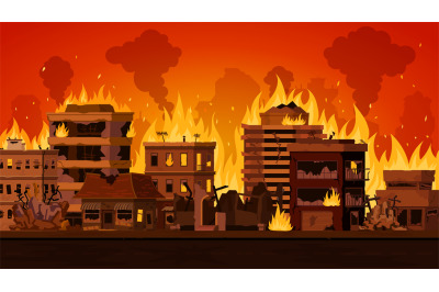 Cartoon apocalyptic city landscape with destroyed building on fire. Ci