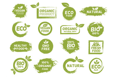 Green eco&2C; organic and vegan product grunge label. Fresh healthy food