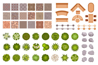 City park landscape design map elements top view. Garden trees and pla