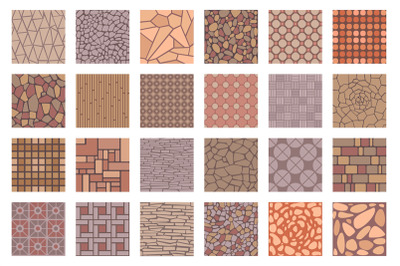 Street road pavements tile patterns top view. Floor tiles with rock, b