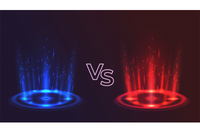 Red versus blue glowing hologram podiums for game battle. Realistic vs