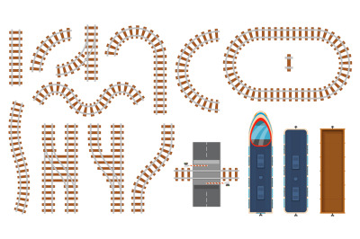 Flat railway and railroad elements top view. Train track map construct