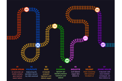 Steps or options infographic with railway track map and numbers. Prese