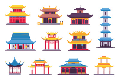 Flat chinese and japanese buildings, ancient temple, pagoda and shrine