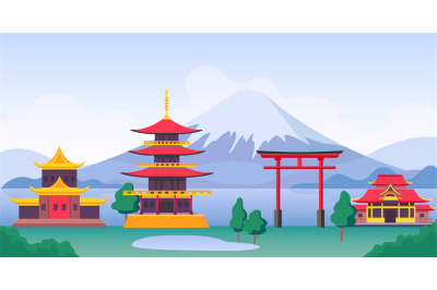 Japan landscape with mountain Fuji, landmarks, temples and old buildin