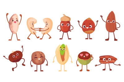 Cartoon funny nut, bean and seed characters with faces. Happy walnut,