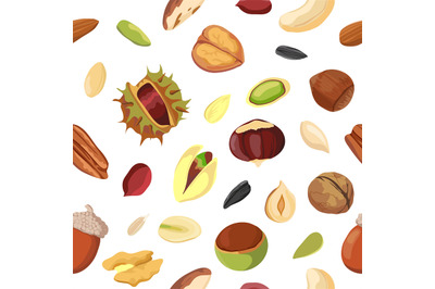 Cartoon dry nut and seed mix seamless pattern. Print with peanut, waln