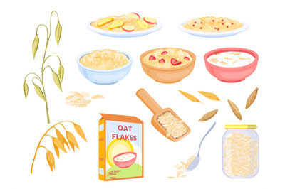 Cartoon oatmeal breakfast cereals, sweet flakes and grains. Oat plant