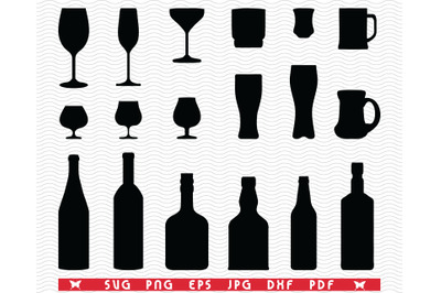 SVG Drink Bottles Glasses&2C; Black silhouettes&2C;  Digital clipart