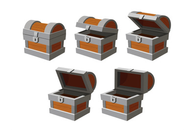 Chest animation. Cartoon empty treasure casket opening frames. Closed