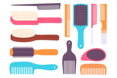 Cartoon hairbrushes and professional comb for hair styling. Curling an