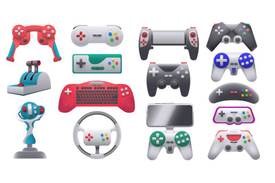 Modern and retro video game consoles, gamepads and joysticks. Wireless