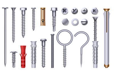 Realistic steel nut, bolt, screw and plastic dowel. 3d metal hardware