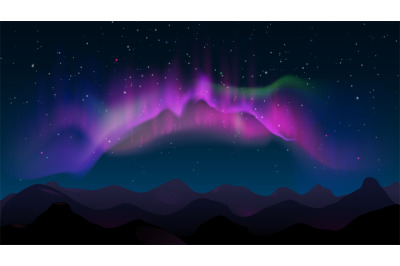 Abstract mountain night landscape with aurora borealis and stars. Nort