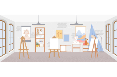 Artist workshop or art studio classroom interior with easels. Painter