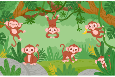 Cute monkeys hanging on lianas trees in jungle forest. Cartoon happy m