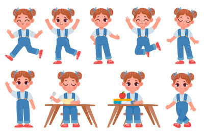 Cartoon little kid girl character poses and expressions. School child