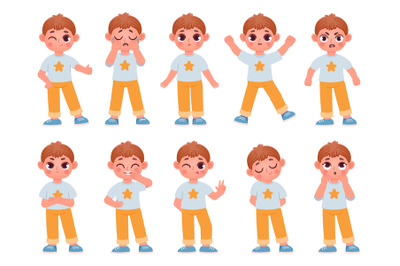 Cartoon cute kid boy character expressions and emotions. Little child