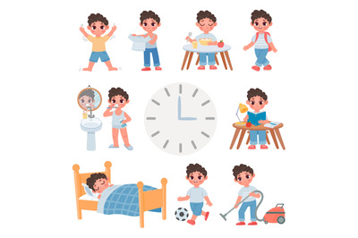 Day routine activity for cartoon school kid boy. Daily schedule with c