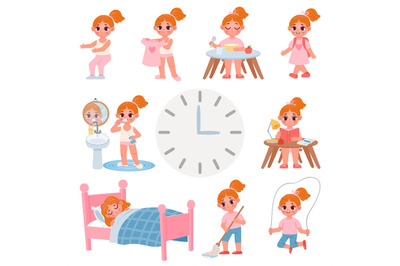 Cute little school girl day routine schedule. Cartoon kid activity, ex