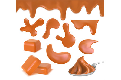 Realistic toffee melted caramel border, puddles and candy. Peanut butt