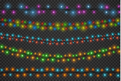 Realistic christmas colored glowing light garlands borders. Winter hol