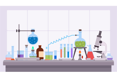 Flat science laboratory experiment with glass beakers and flask. Pharm